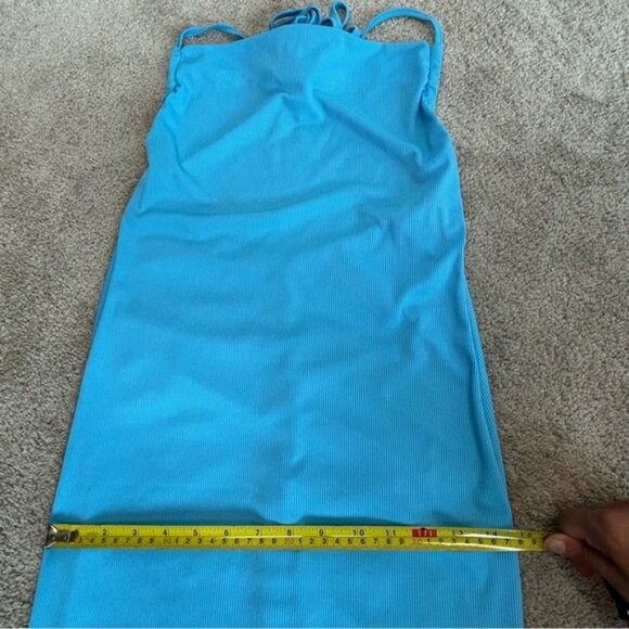 Blue ribbed spaghetti strap draped cowl neck open crisscross back ruched dress M - Picture 11 of 13